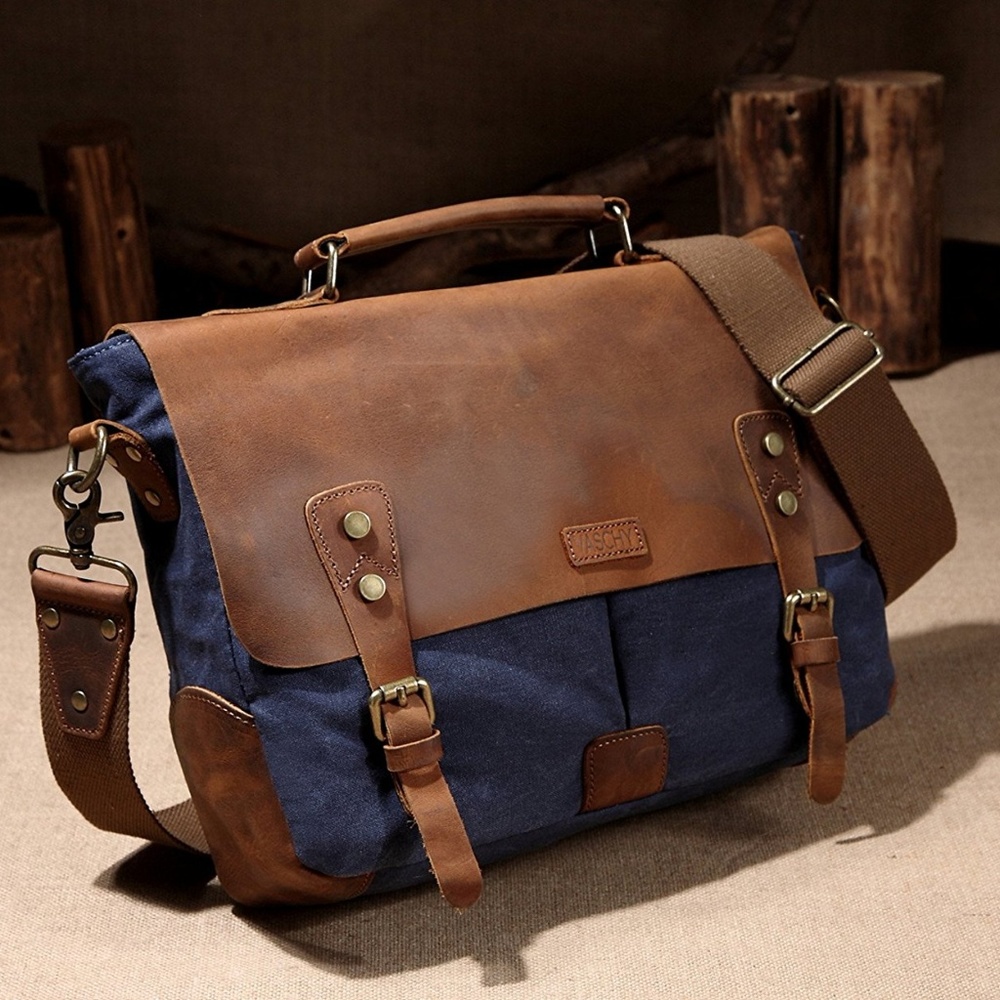 Mens Vintage Leather & Canvas Messenger Book Bag - Picture 3 of 3
